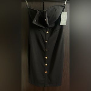 Black and gold strapless snap front dress